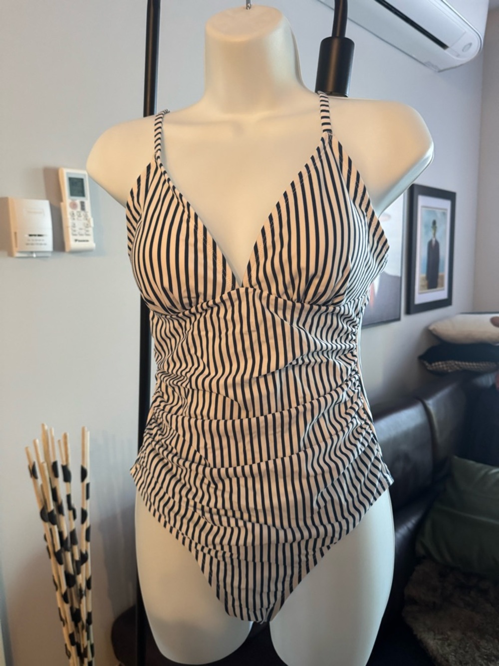 NWT Cupshe Navy and White Striped V-Neck One-Piece Swimsuit